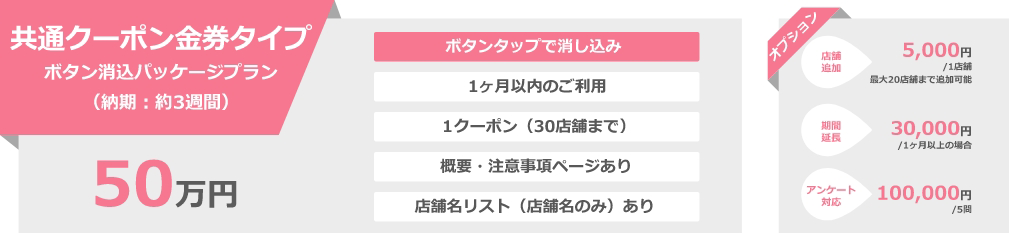 共通クーポン金券タイプボタン消込パッケージプラン（納期：約3週間）