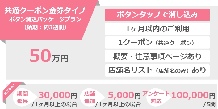 共通クーポン金券タイプボタン消込パッケージプラン（納期：約3週間）