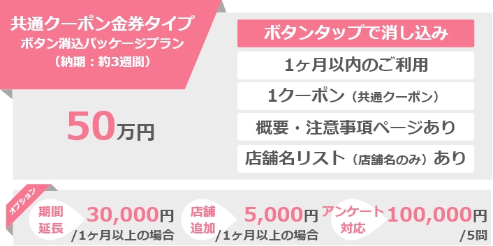 共通クーポン金券タイプボタン消込パッケージプラン（納期：約3週間）